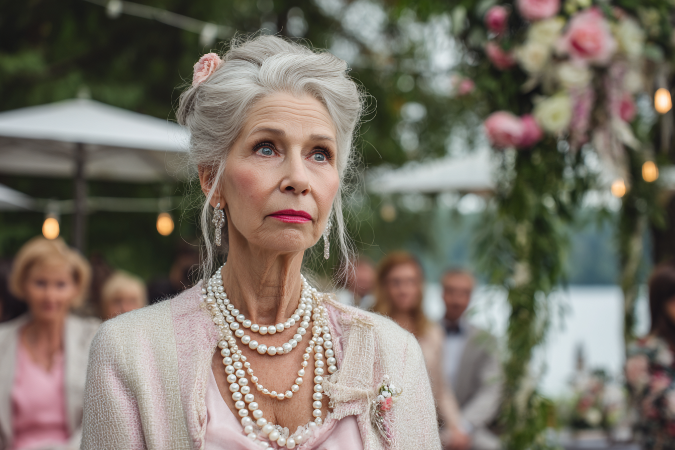 Une femme âgée à un mariage en plein air | Source : Midjourney