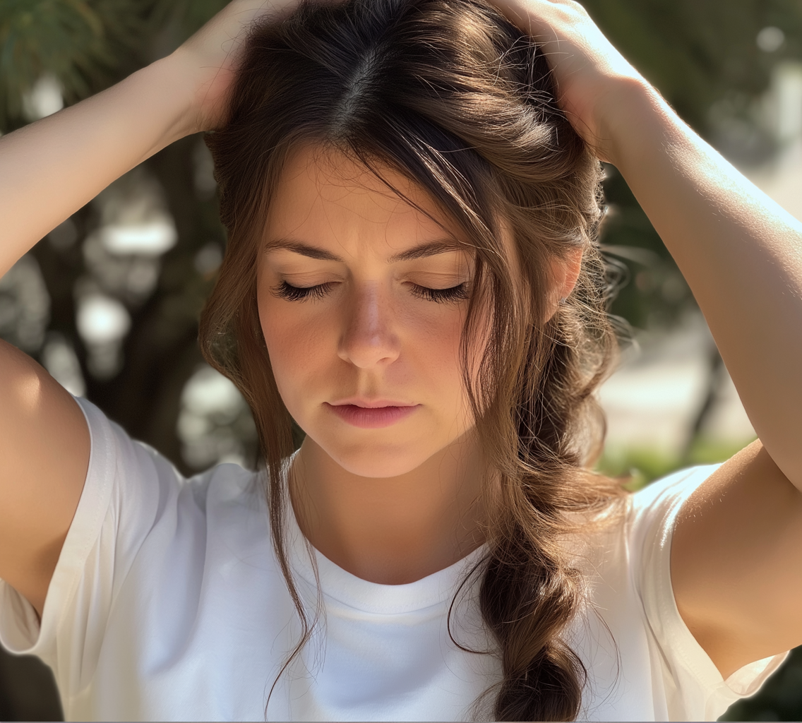 Une femme avec les mains sur la tête | Source : Midjourney