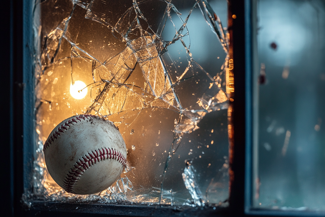 Gros plan d'une balle de baseball brisant une fenêtre | Source : Midjourney