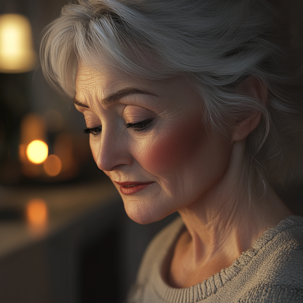 Une femme âgée triste aux yeux baissés | Source : Midjourney