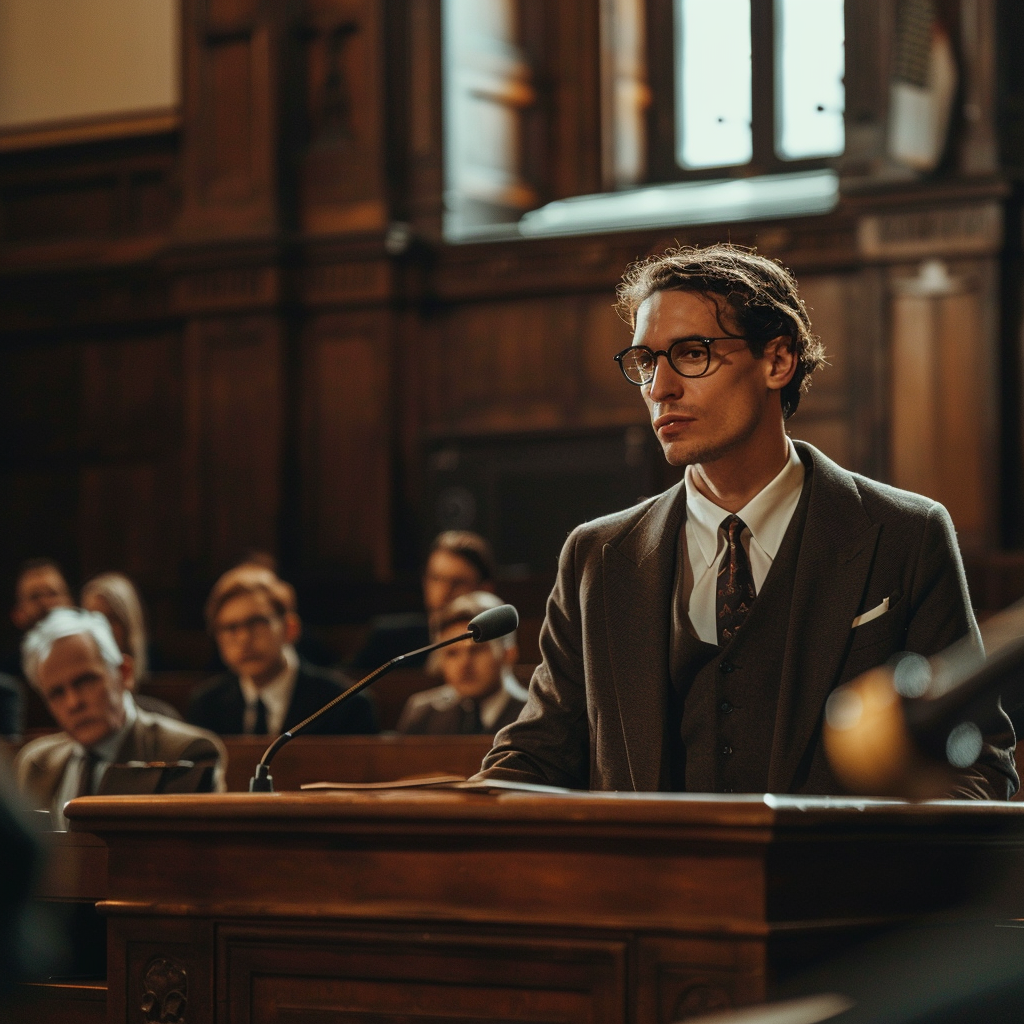 Des personnes regardent un avocat alors qu'il se tient dans une salle d'audience | Source : Midjourney