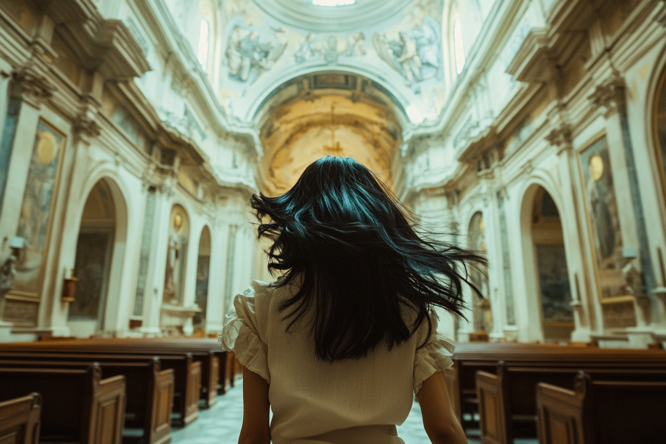 Une femme sprintant à la sortie d'une église | Source : Midjourney