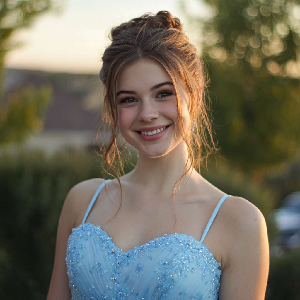 Une adolescente souriante habillée pour le bal de fin d'année | Source : Midjourney