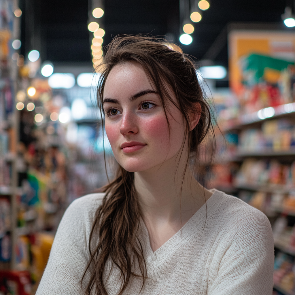 Une femme se tient dans un magasin de jouets et regarde quelqu'un | Source : Midjourney