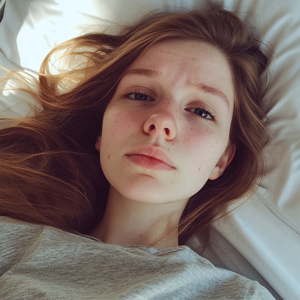 Une jeune femme bouleversée allongée dans un lit d'hôpital | Source : Midjourney
