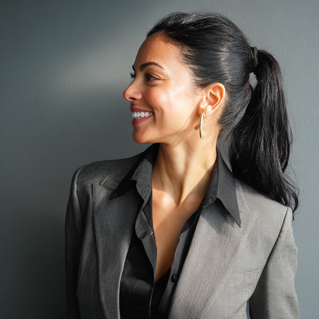 Vue latérale d'un avocat souriant | Source : Midjourney