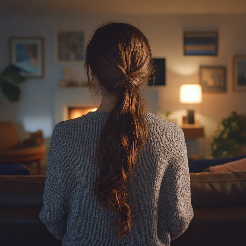 Une jeune femme debout dans la maison de sa mère | Source : Midjourney