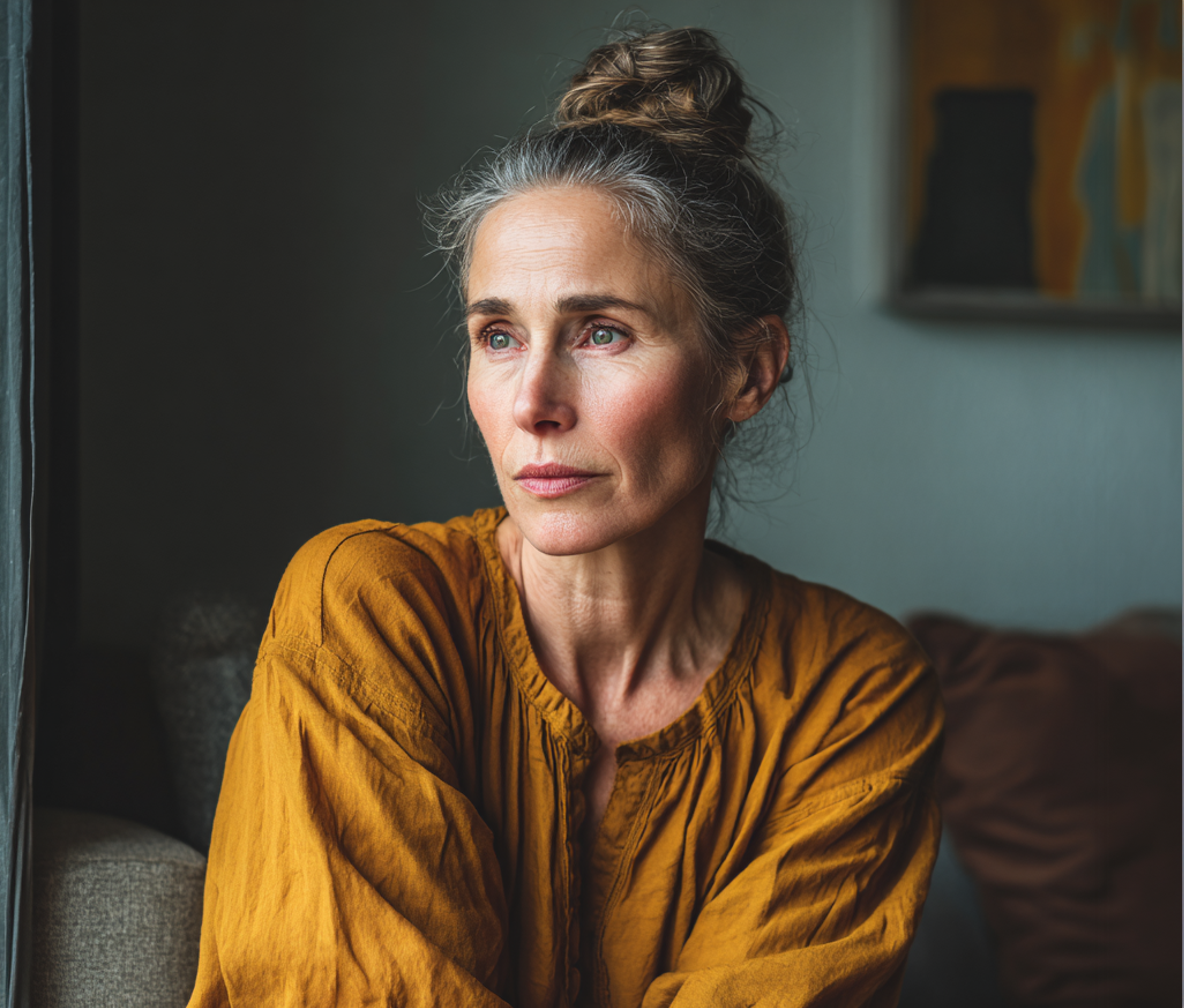 Une femme âgée assise sur un canapé | Source : Midjourney