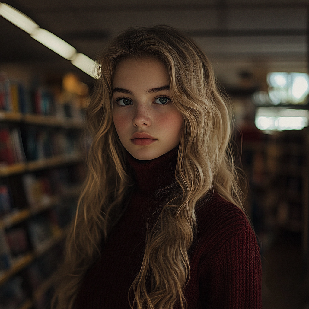 Une adolescente debout dans une librairie | Source : Midjourney