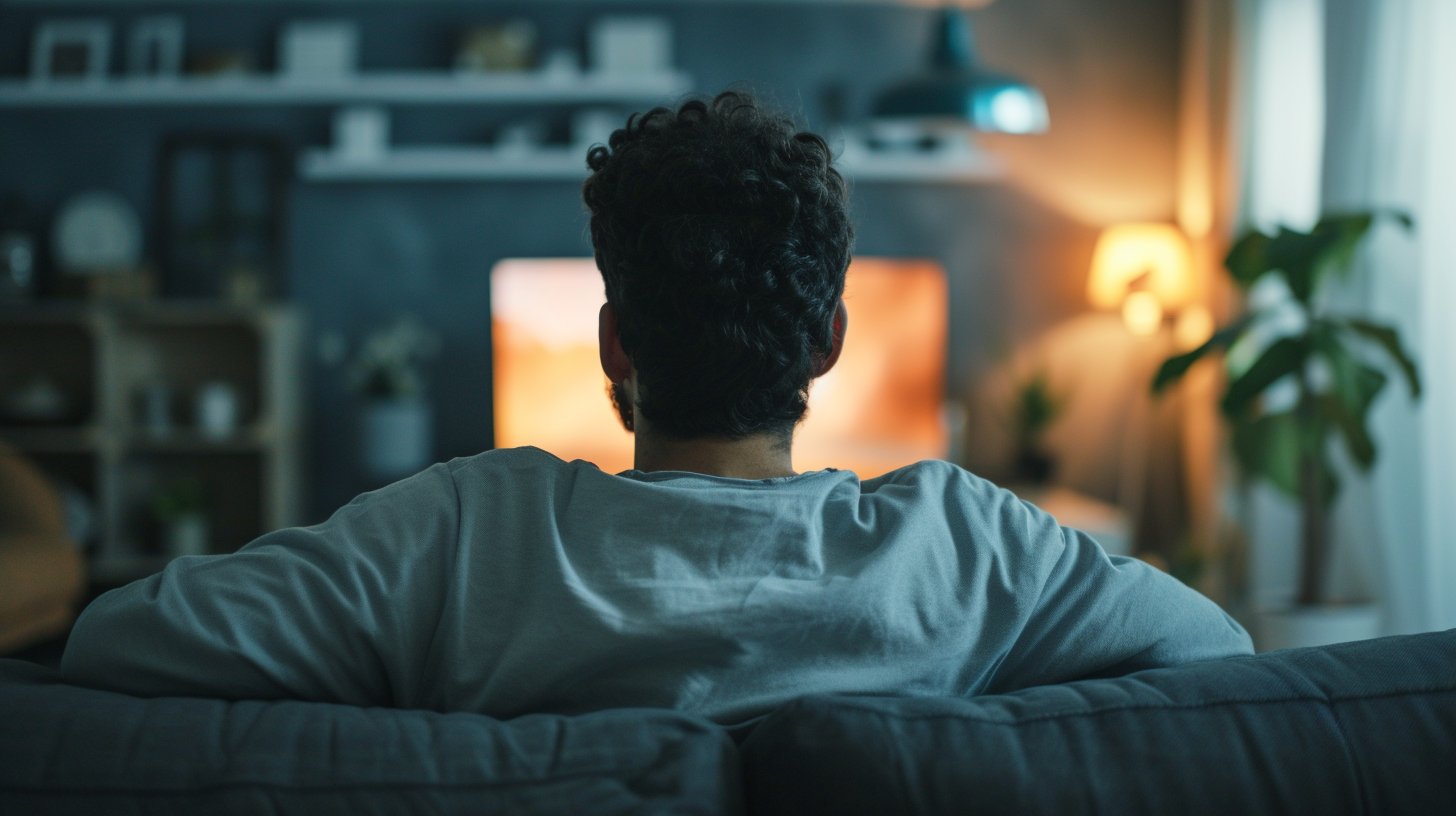 Un homme assis sur un canapé et regardant la télévision | Source : Midjourney