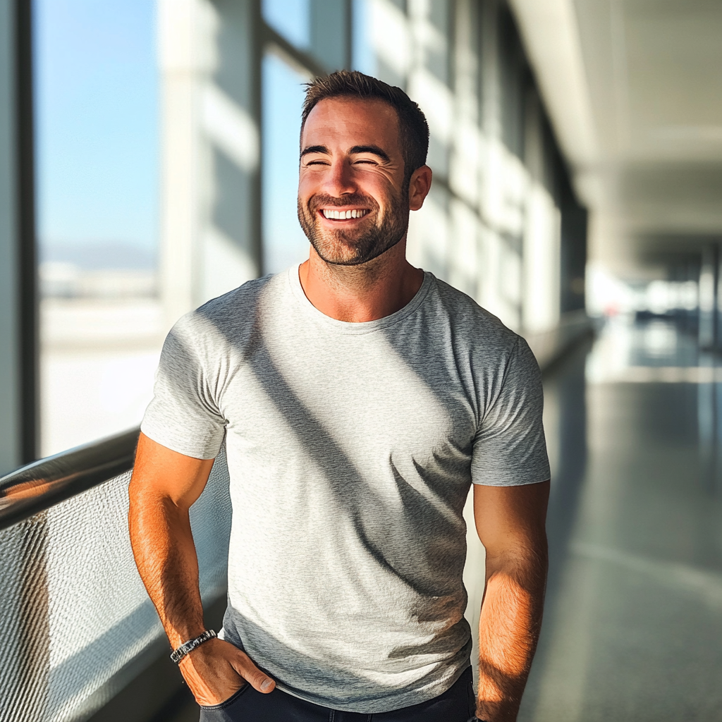 Un homme qui rit dans un aéroport | Source : Midjourney