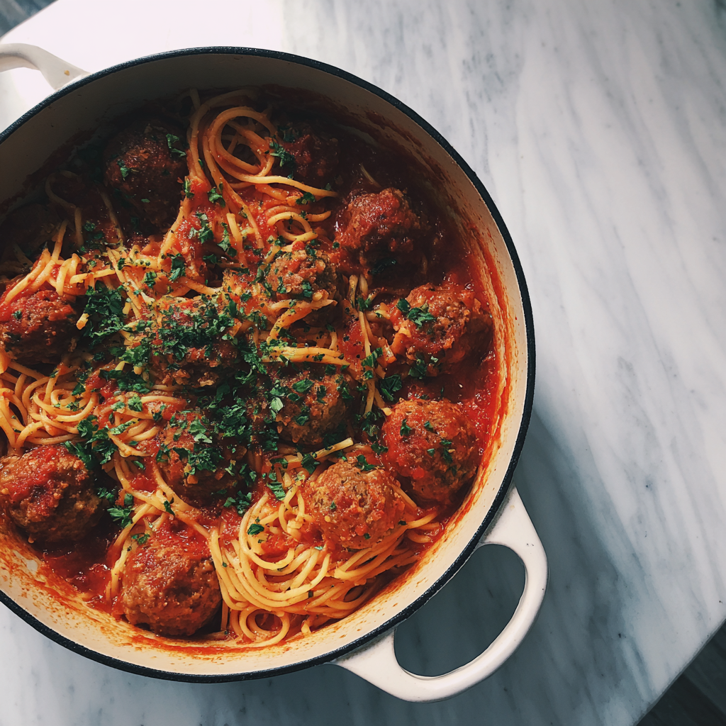 Une marmite de spaghettis et de boulettes de viande | Source : Midjourney