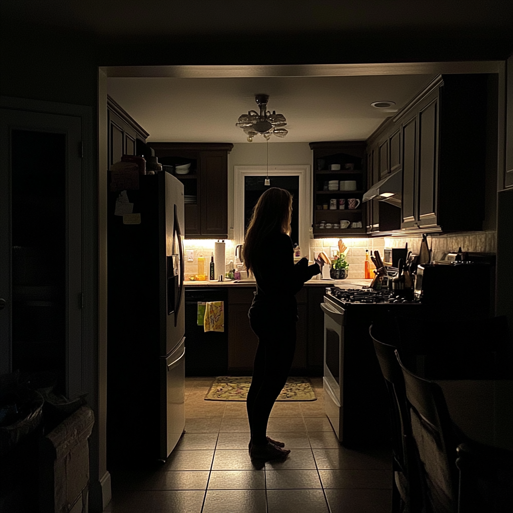 Femme debout dans sa cuisine la nuit | Source : Midjourney