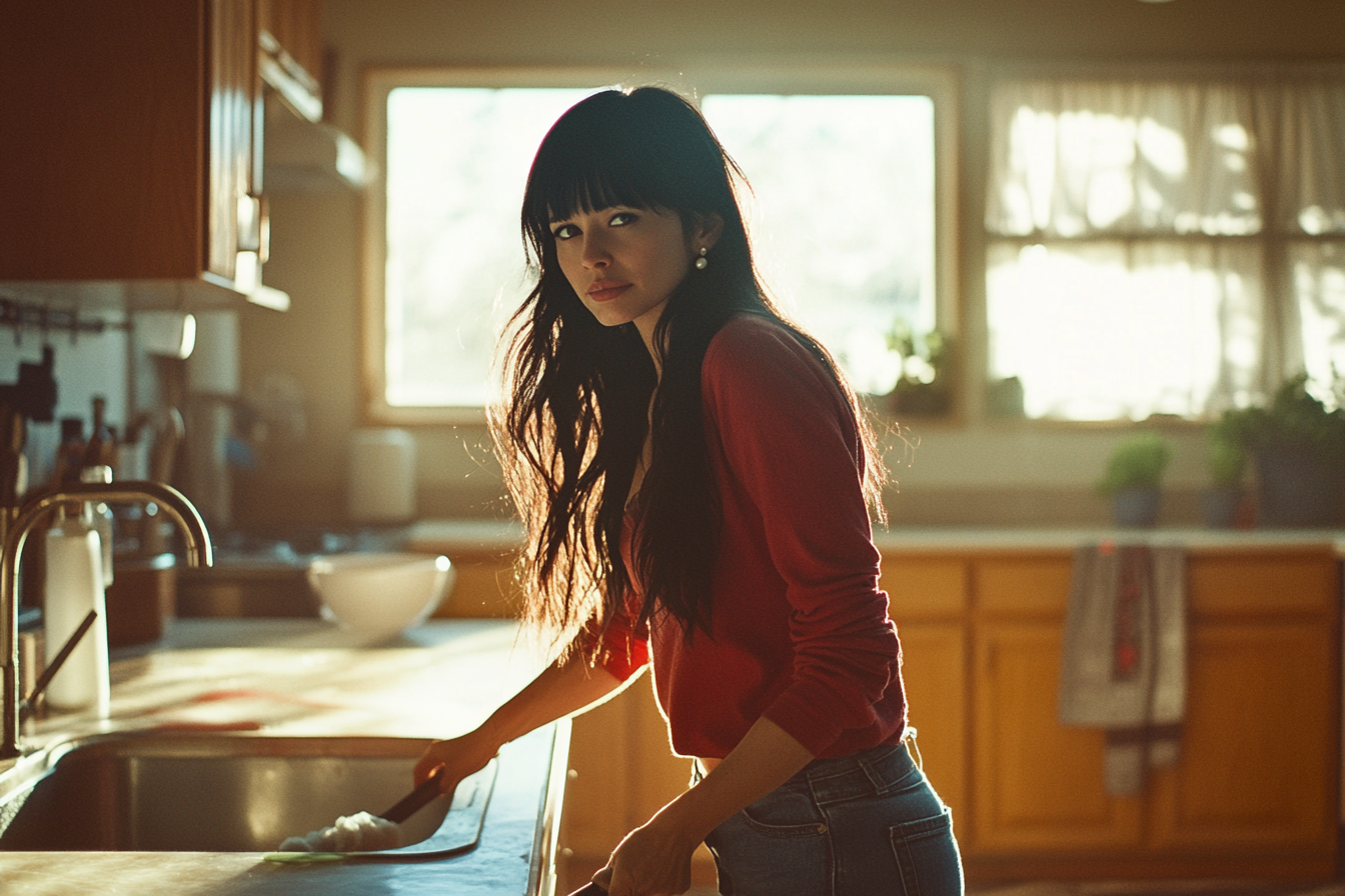 Femme d'une trentaine d'années nettoyant la cuisine d'un air inquiet | Source : Midjourney