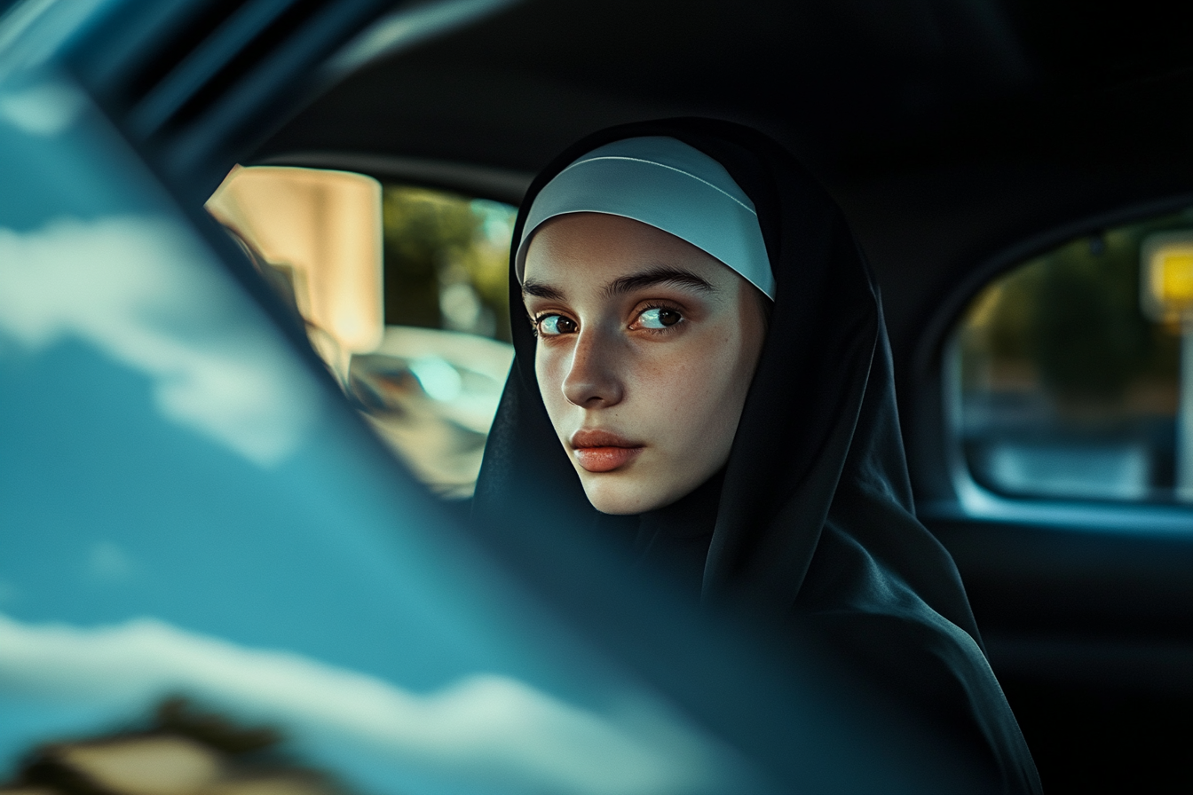 Une religieuse dans une voiture qui regarde le conducteur | Source : Midjourney