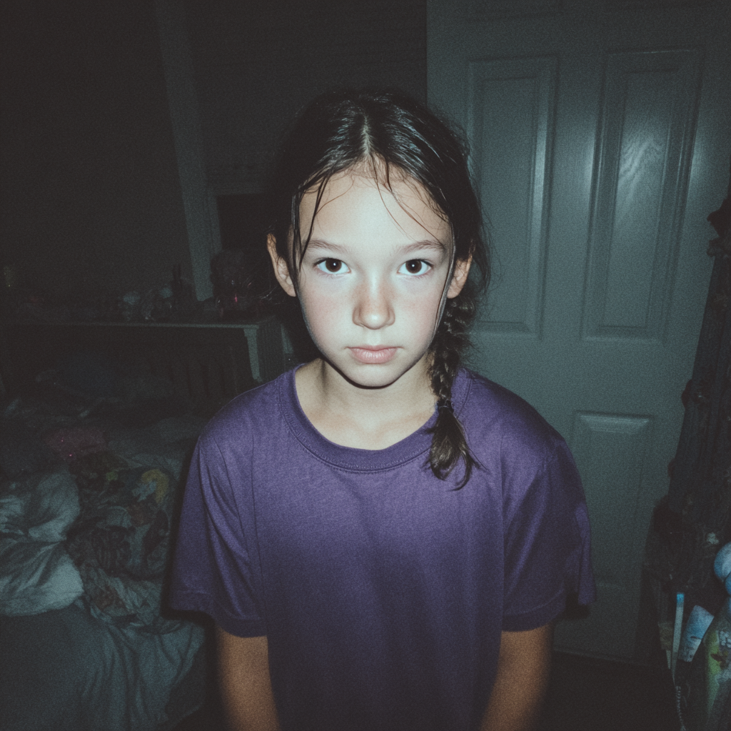 Une petite fille pensive dans une chambre à coucher | Source : Midjourney