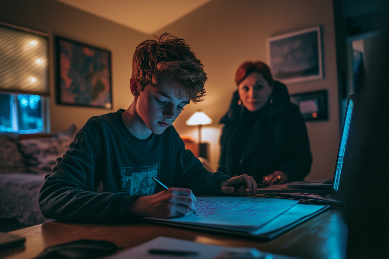 A mother helping her son with his homework | Source: Midjourney