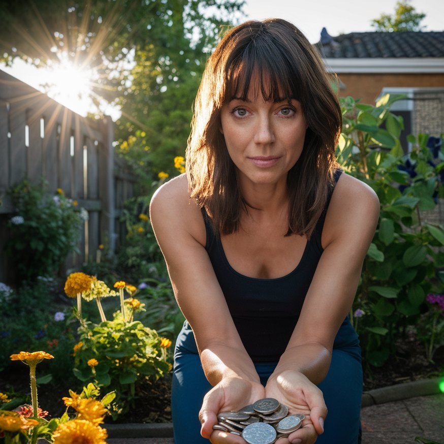 Une femme accroupie dans un jardin de fleurs, tenant quelques pièces de monnaie dans ses mains | Source : Midjourney