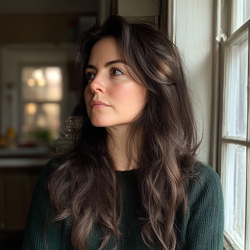 Une femme pensive près d'une fenêtre | Source : Midjourney