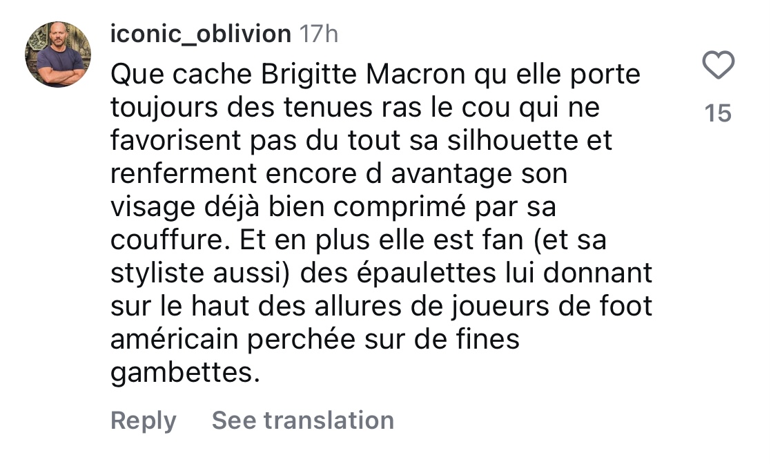 Commentaire d'un internaute sur la tenue de Brigitte Macron | Source : capture Instagram