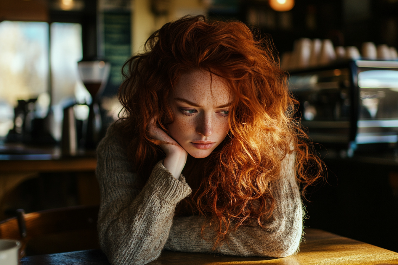 Une femme aux cheveux roux a l'air gênée en regardant vers le bas dans un café | Source : Midjourney