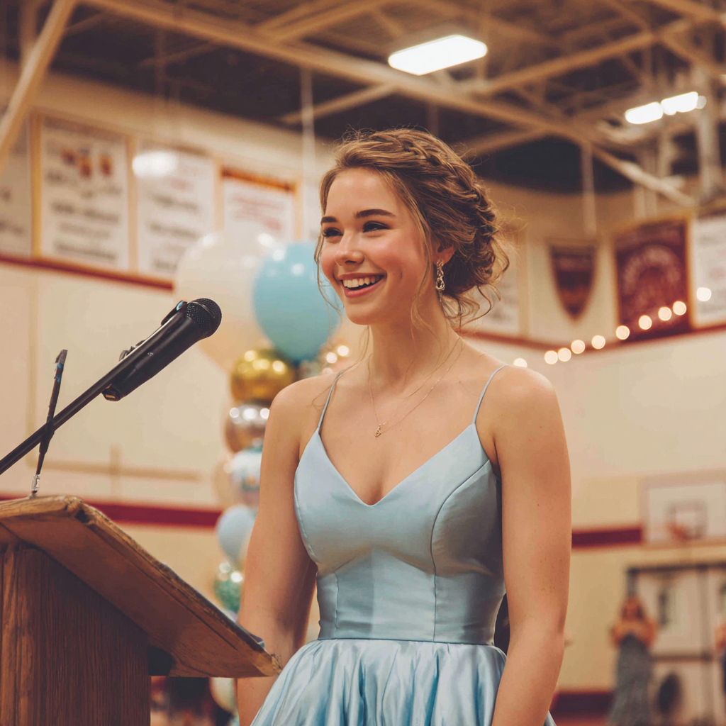 Une adolescente debout sur un podium dans un gymnase | Source : Midjourney