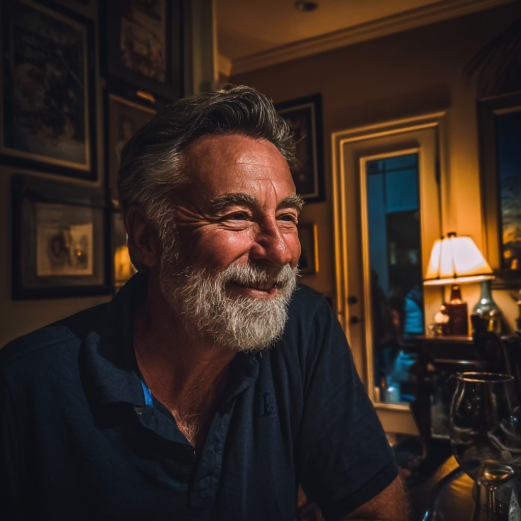 Un homme âgé souriant assis à une table | Source : Midjourney