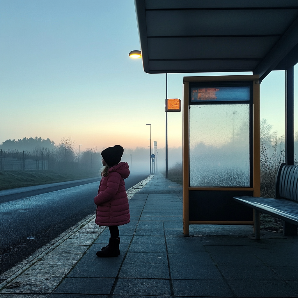 Une petite fille à un arrêt de bus | Source : Midjourney