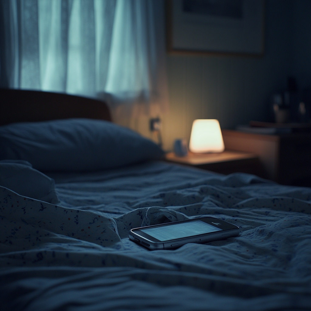 Un téléphone sur un lit la nuit | Source : Midjourney