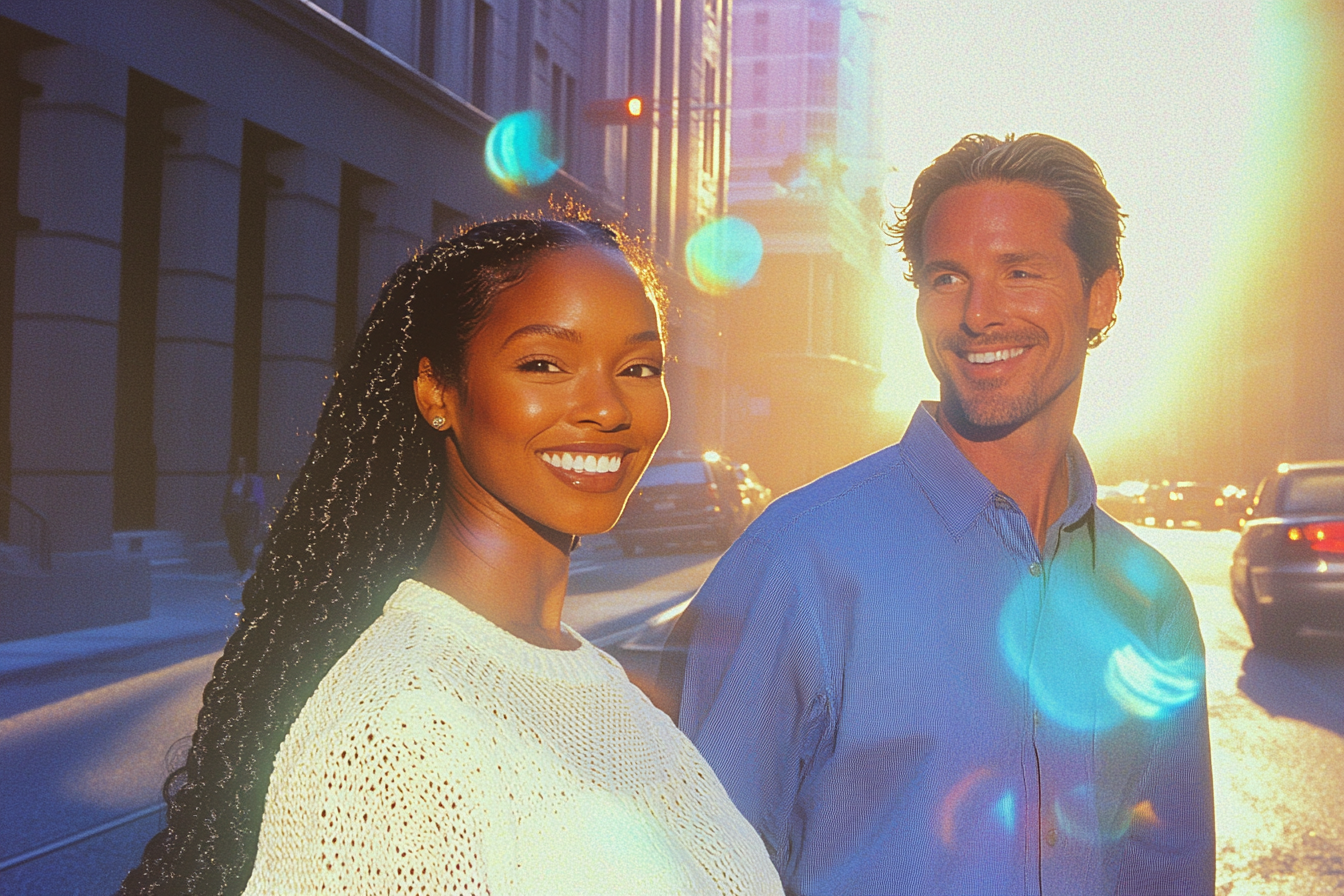 A woman and a man smile while walking down a street | Source: Midjourney