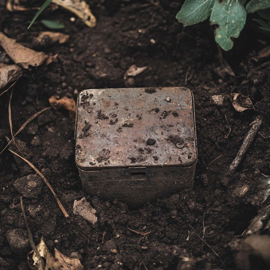 Une vieille boîte métallique enfouie dans le sol d'un jardin | Source : Midjourney