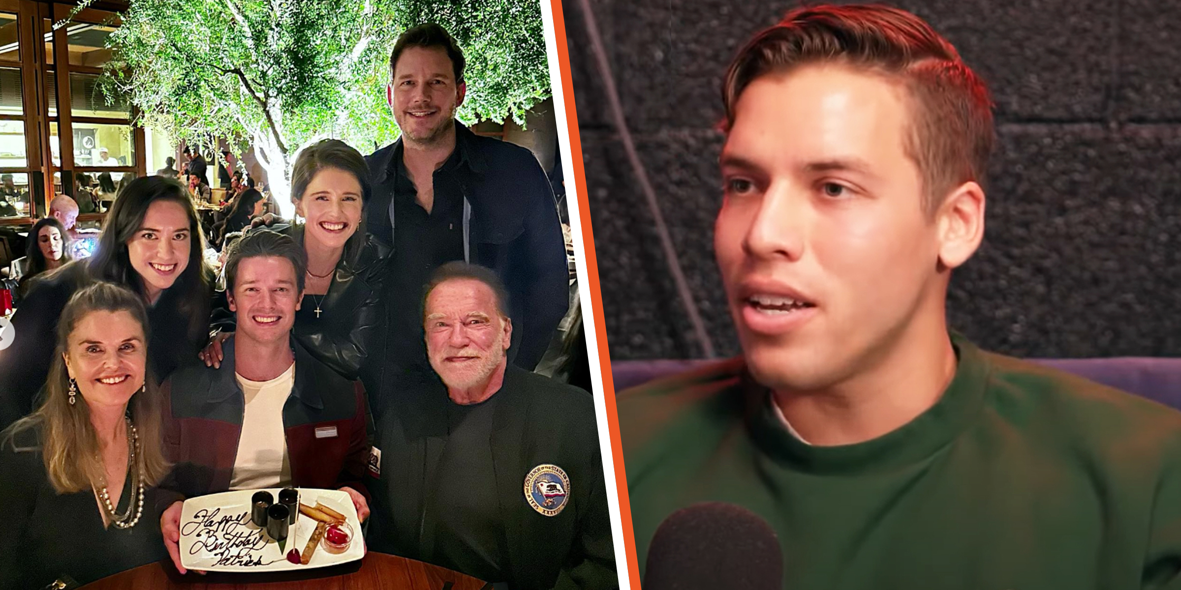 Maria Shriver, Christina Schwarzenegger, Patrick Schwarzenegger, Katherine Schwarzenegger, Chris Pratt et Arnold Schwarzenegger, 2023 | Joseph Baena, 2022 | | Source : Instagram.com/patrickschwarzenegger | YouTube.com/UNWAXED Podcast