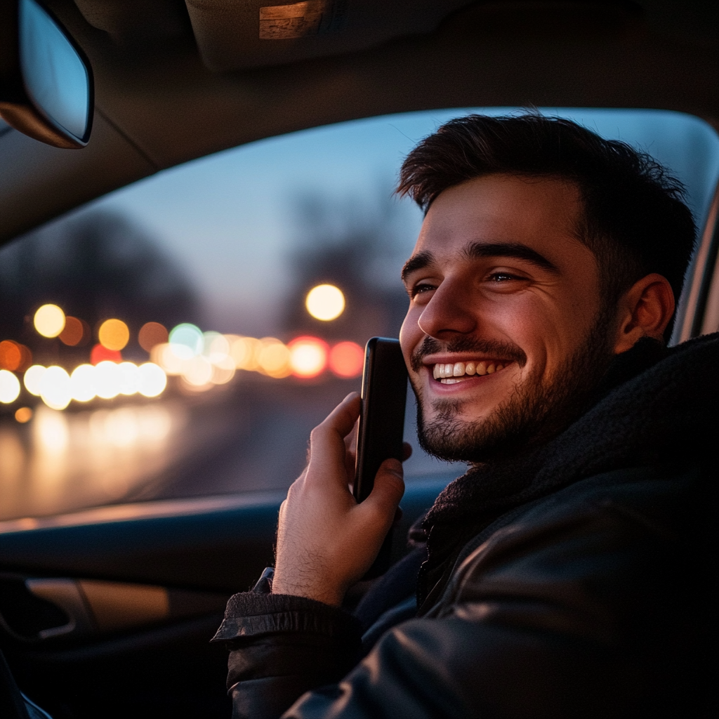 Un homme souriant qui parle sur son téléphone tout en conduisant | Source : Midjourney