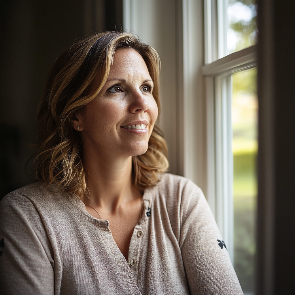 Une femme souriante qui regarde par la fenêtre | Source : Midjourney