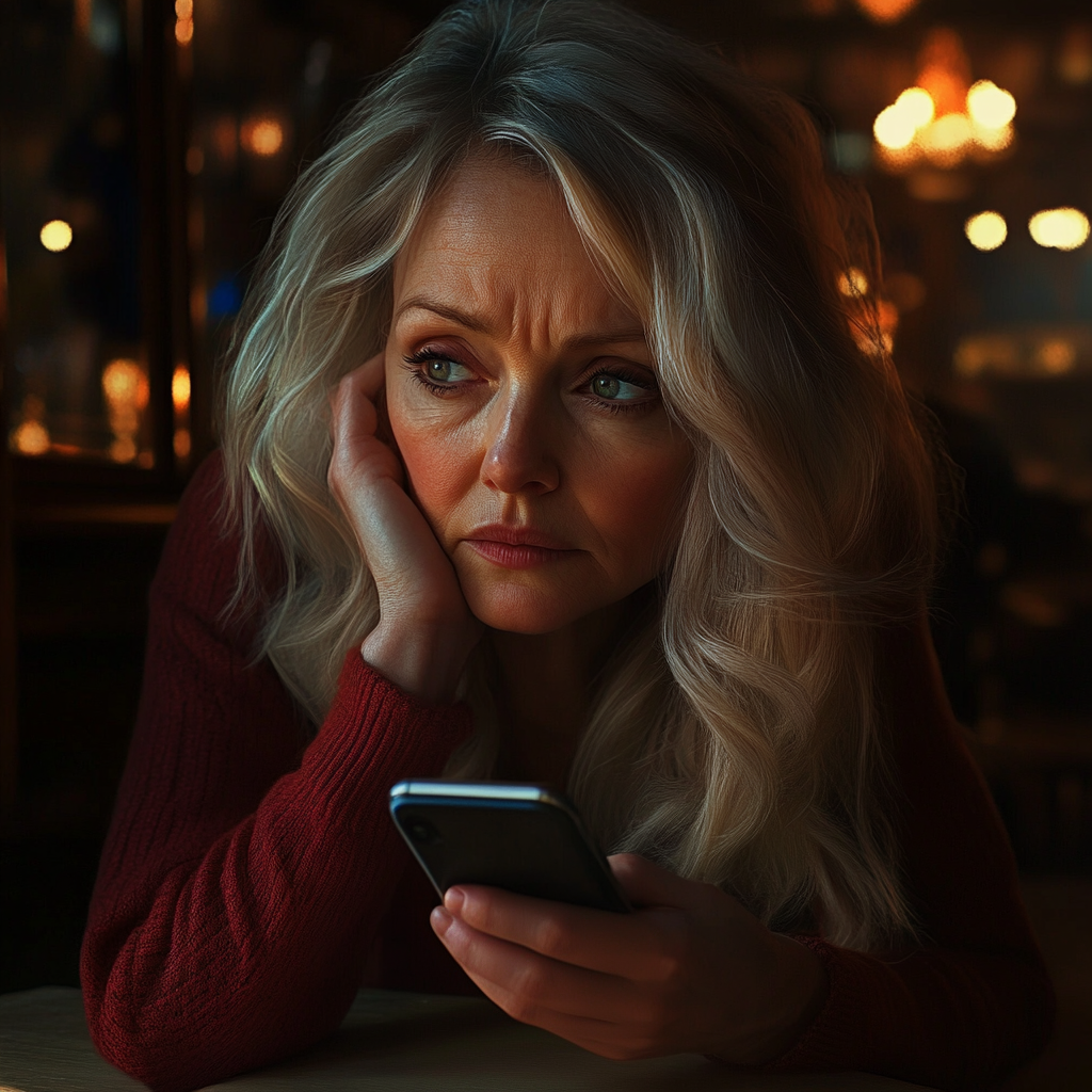 Une femme aux yeux pleins de larmes tenant son téléphone | Source : Midjourney