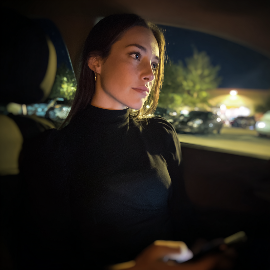 Une femme émotive tenant son téléphone dans une voiture | Source : Midjourney