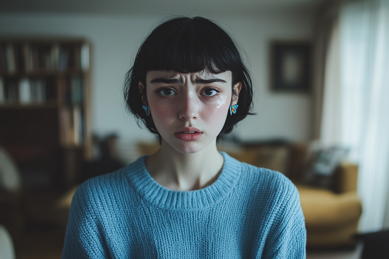 Une jeune femme aux cheveux noirs et courts ayant l'air triste dans un salon | Source : Midjourney