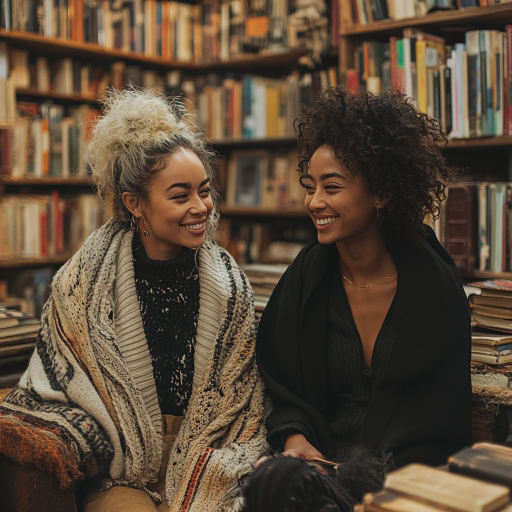 Deux femmes excitées discutant dans une bibliothèque | Source : Midjourney