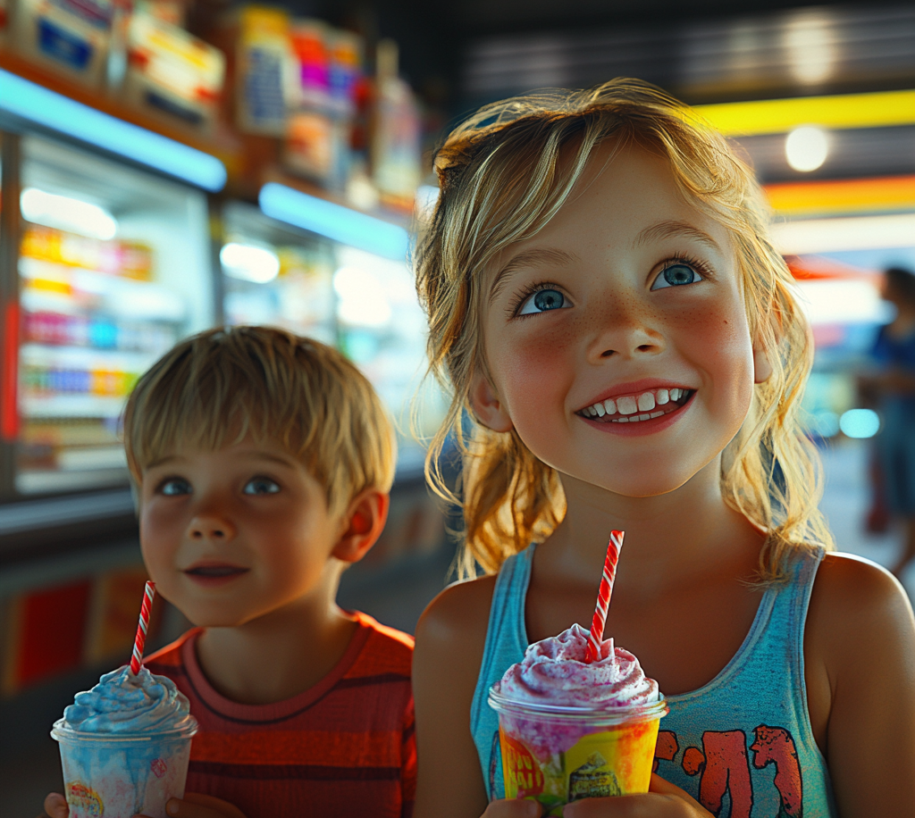 Deux enfants heureux dans un magasin | Source : Midjourney