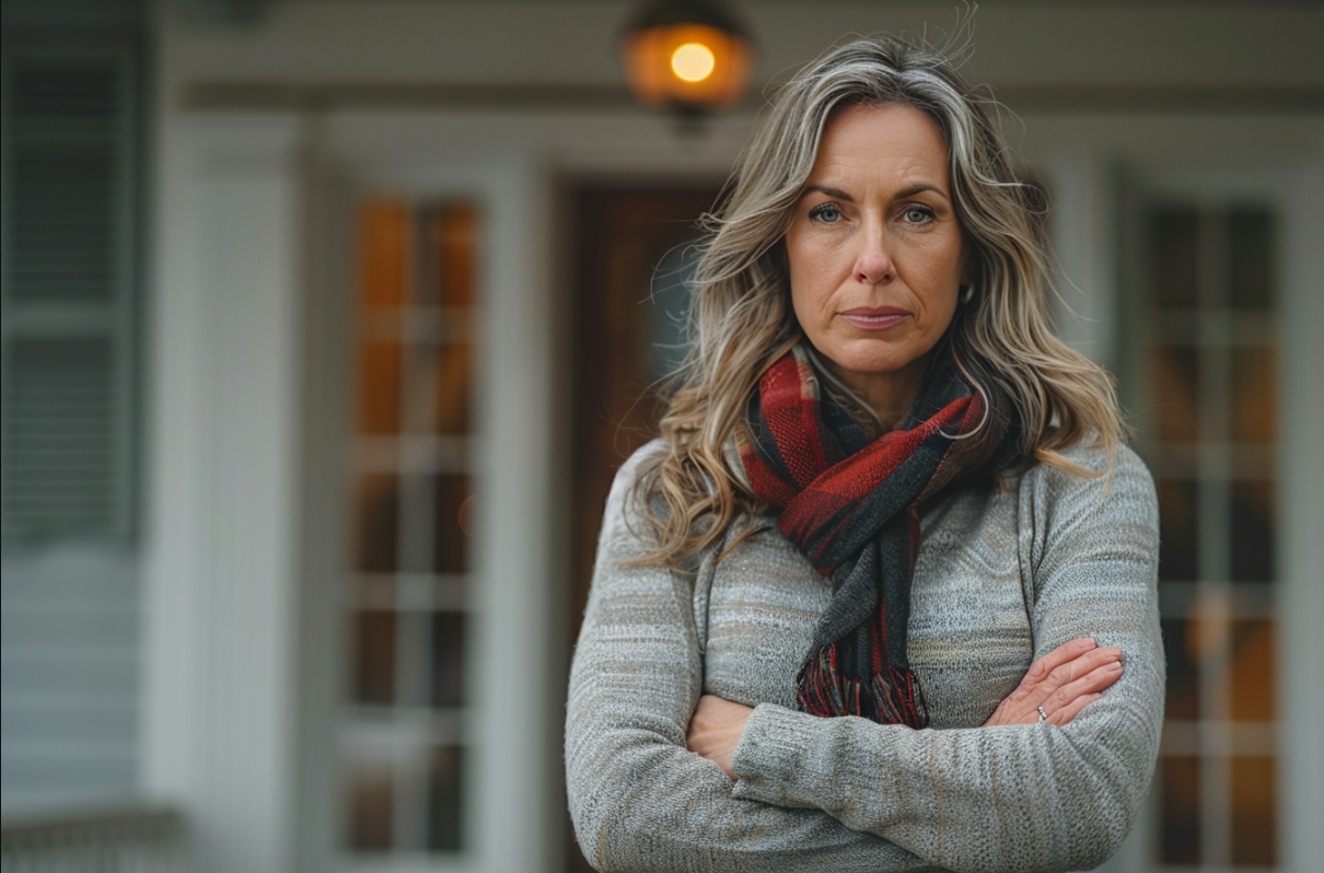 Une femme en colère devant sa maison | Source : Midjourney