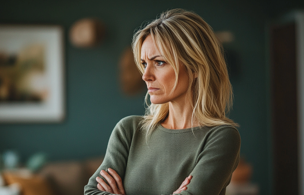 Une femme émotive debout dans un salon | Source : Midjourney