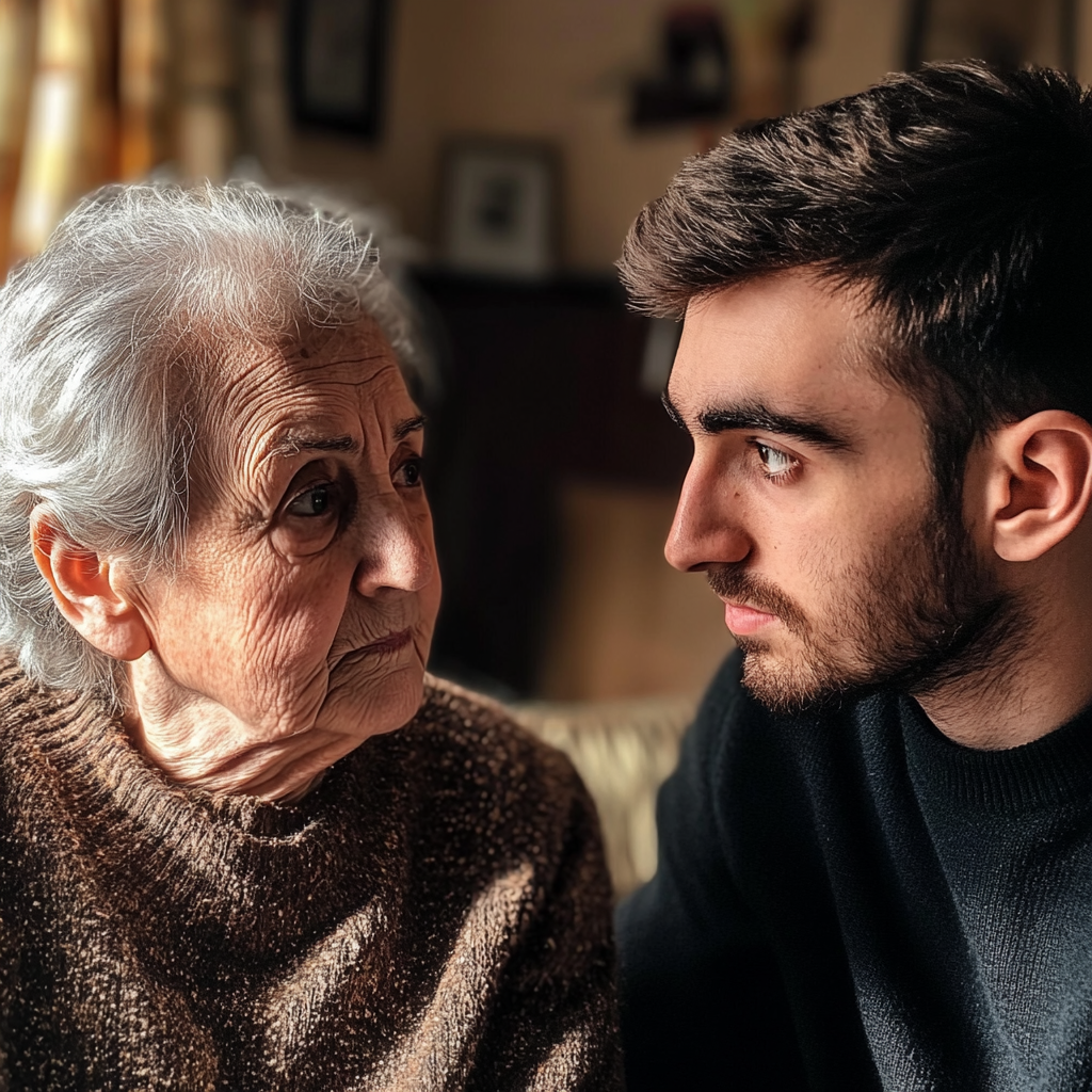 Un homme qui parle à sa mère triste | Source : Midjourney