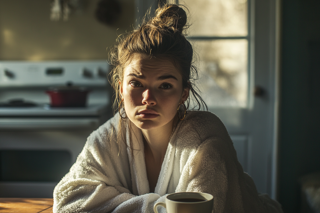 Une femme d'une trentaine d'années à une table de cuisine avec une tasse de thé, l'air triste et contrarié | Source : Midjourney