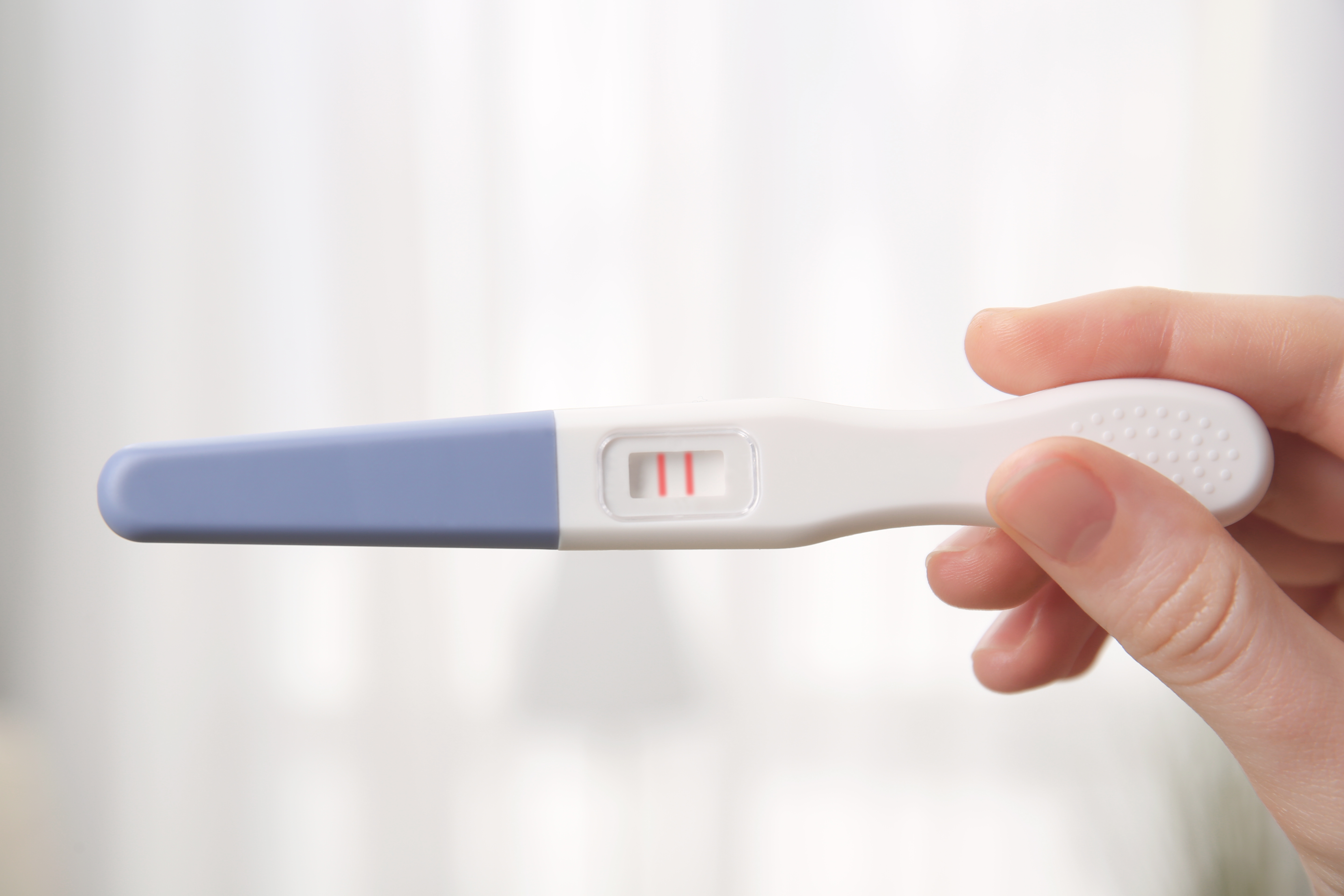 Prueba de embarazo en mano femenina sobre fondo borroso. | Fuente: Shutterstock