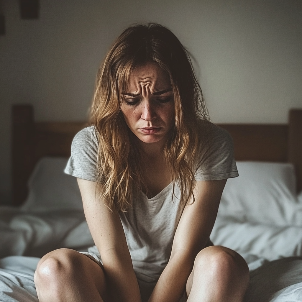 An upset woman sitting on a bed | Source: Midjourney