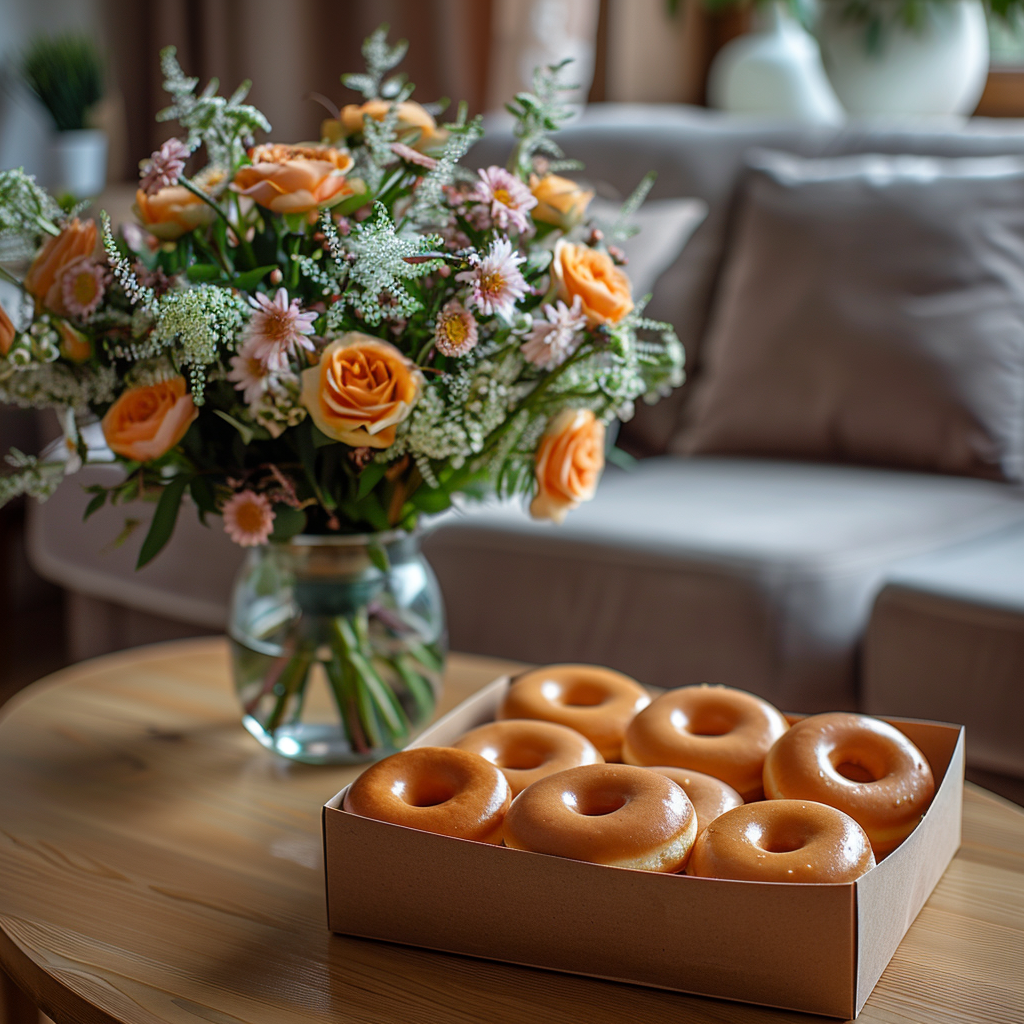 Un vase à fleurs et une boîte de beignets posés sur une table | Source : Midjourney