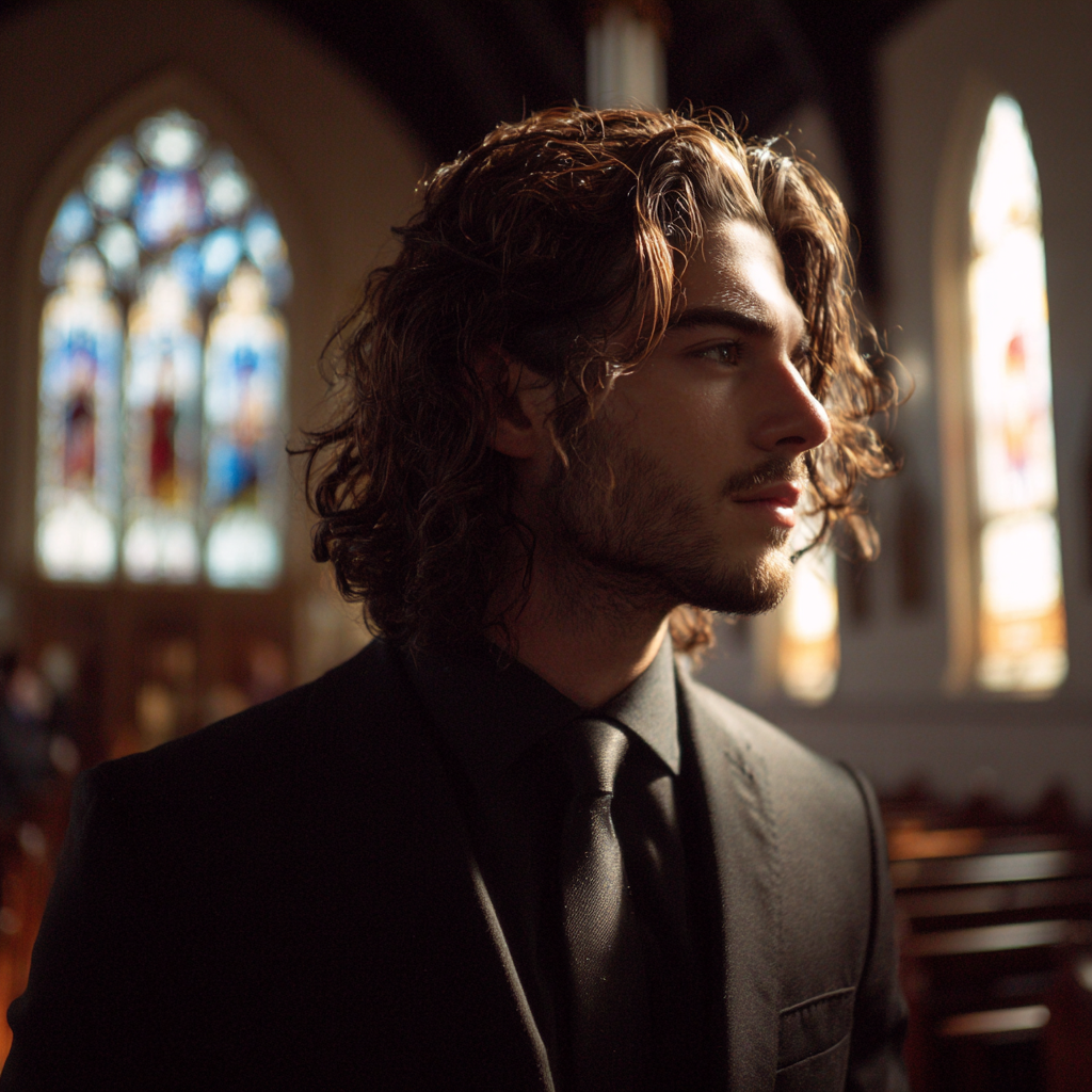 Un jeune homme debout dans une église | Source : Midjourney