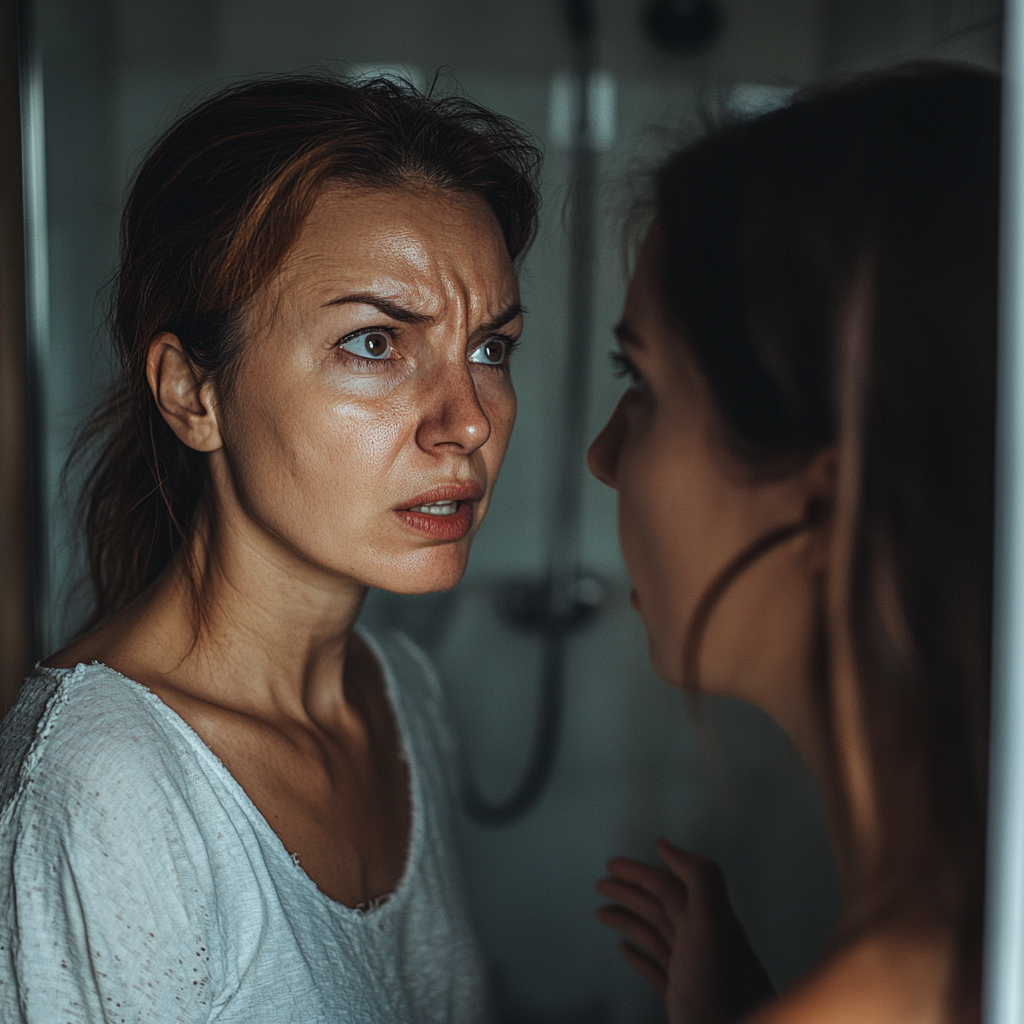 A determined and angry woman in her bathroom | Source: Midjourney