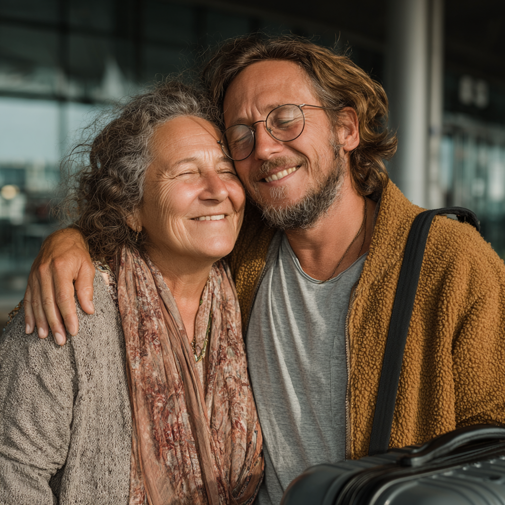 Une mère et son fils se serrent dans les bras à l'aéroport | Source : Midjourney