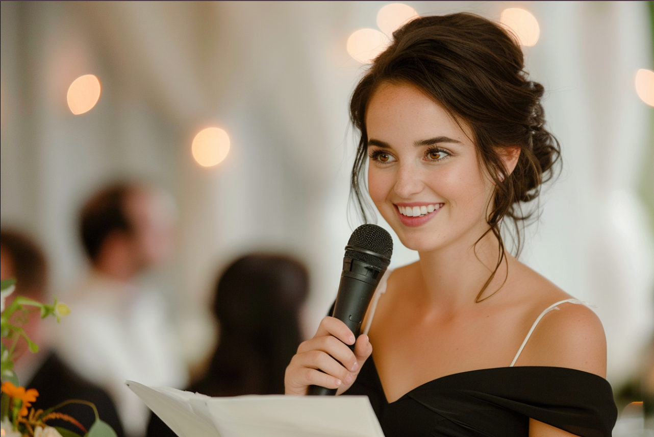 Une femme prononçant un discours lors d'un mariage | Source : MidJourney